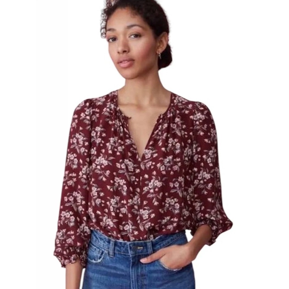 Rebecca Taylor Burgundy Floral 100% Silk Smocked Cuff Blouse Size 8